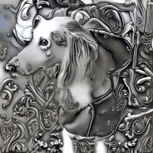 Monochrome abstract digital artwork depicting a stylized, surreal cow merging with floral and organic patterns.