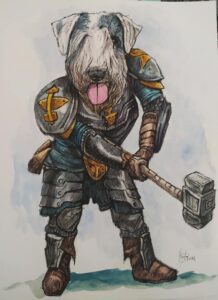 A drawing of a dog as a warrior