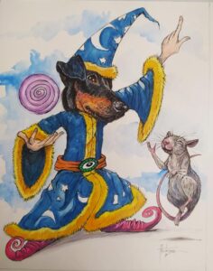A drawing of a dog as a magician with a rat
