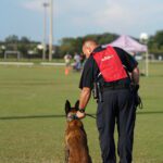 A police officer in a red vest stands with a trained german shepherd on a grassy field, both looking away from the camera.