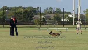 Two men and a dog on a grassy field at the uspca national patrol dog trial 2023 in foley, alabama. one man is interacting with the dog, while the other observes.