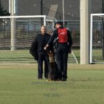 Two police officers with a german shepherd discuss on a grassy field by a soccer goal, text overlay indicates "uspca national patrol dog trial 2023 foley alabama.