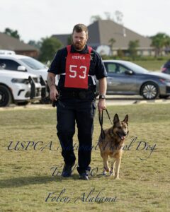 A police officer with a badge numbered 53 and a dog on a leash at a uspca national patrol dog event in foley, alabama.