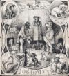 Engraving of four men around a table in a detailed setting, with circular vignettes of various scenes and dogs in the corners.